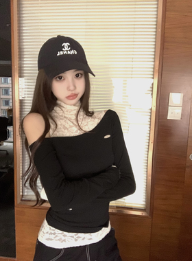 Thas9i九亿 真两件蕾丝高领撞色长袖一字肩上衣女两穿斜肩针织衫