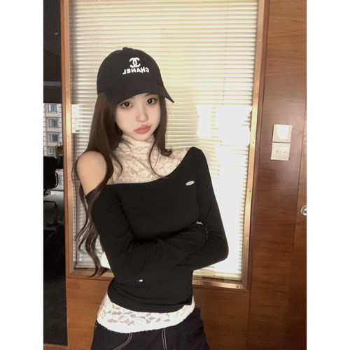 Thas9i九亿 真两件蕾丝高领撞色长袖一字肩上衣女两穿斜肩针织衫