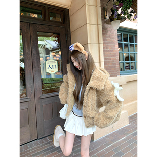 Thas9i九亿 宽松休闲慵懒风兔子连帽保暖毛绒羊羔毛外套上衣女