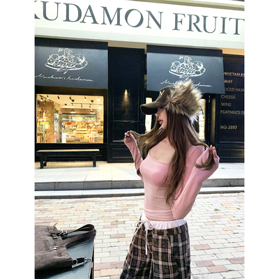 Thas9i九亿 修身弹力大U领打底衫女网纱拼接内搭长袖T恤针织上衣