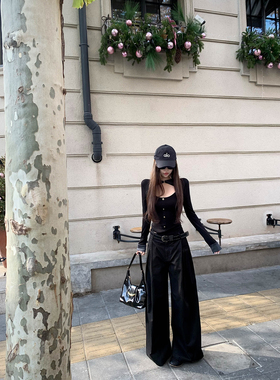 Thas9i九亿 设计感打褶挺括宽松直筒工装裤女休闲阔腿黑色伞兵裤