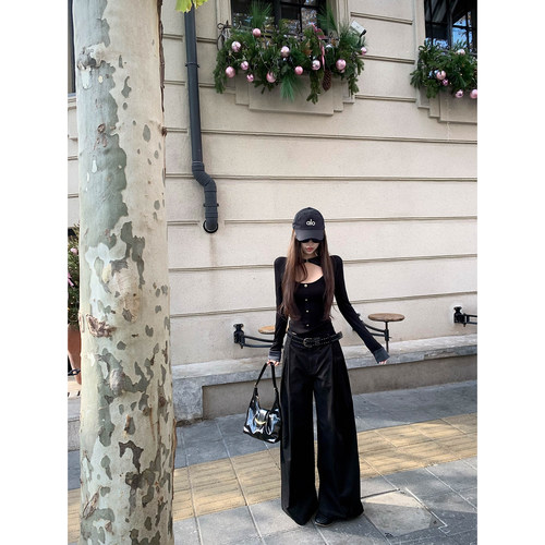 Thas9i九亿 设计感打褶挺括宽松直筒工装裤女休闲阔腿黑色伞兵裤