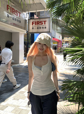 Thas9i九亿 麻豆公式 天丝白色小吊带背心女夏日海边百搭针织上衣