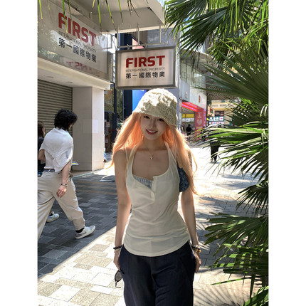 Thas9i九亿 麻豆公式 天丝白色小吊带背心女夏日海边百搭针织上衣