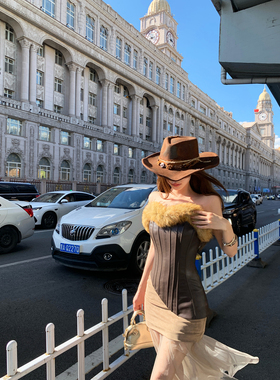 Thas9i九亿 毛毛拼接皮质不规则修身鱼骨抹胸女麂皮网纱半身裙