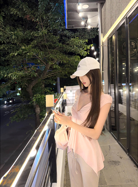 Thas9i九亿少女感V领飘带不规则裁剪飞机袖T恤修身纯欲打底上衣