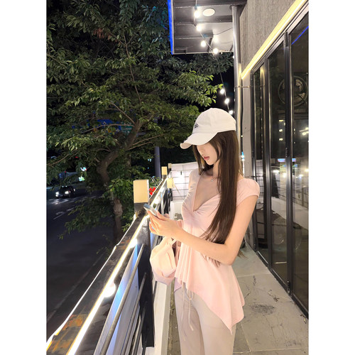 Thas9i九亿少女感V领飘带不规则裁剪飞机袖T恤修身纯欲打底上衣