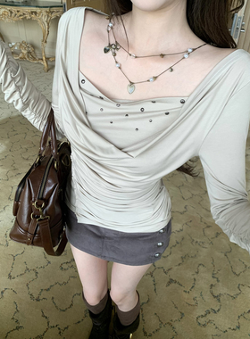 Thas9i九亿 褶裥荡领烫钻收腰打底衫女复古弹力拇指袖针织上衣