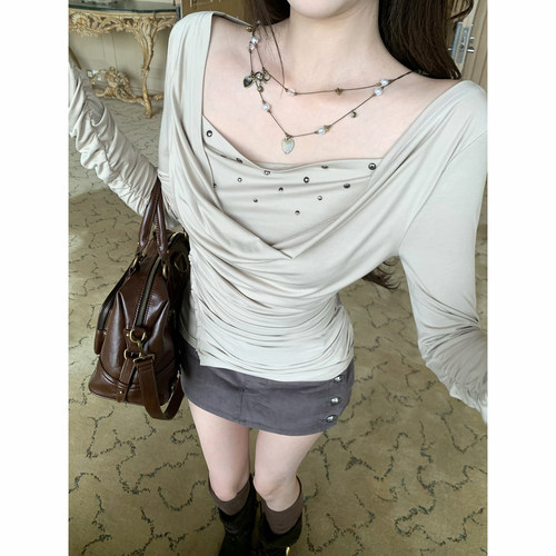 Thas9i九亿 褶裥荡领烫钻收腰打底衫女复古弹力拇指袖针织上衣