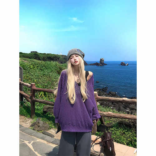 Thas9i紫色套头衫大V领套头毛衣