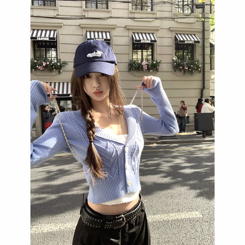 Thas9i九亿 翻领绞花毛衣外套女休闲微宽松短款针织开衫