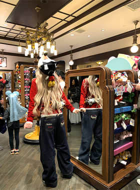 Thas9i九亿 C位牛仔 复古宽松直筒弯刀牛仔裤女刺绣翻折裤脚长裤