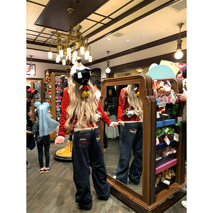 Thas9i九亿 C位牛仔 复古宽松直筒弯刀牛仔裤女刺绣翻折裤脚长裤