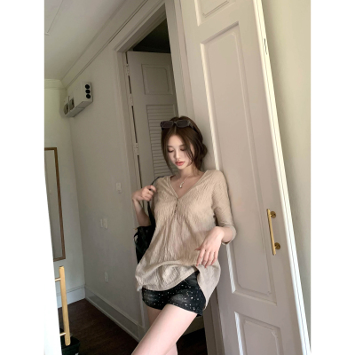 Thas9i九亿 V领竹节条纹微透肌理感七分袖宽松罩衫上衣女