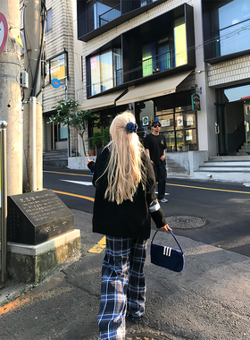 Thas9i九亿慵懒格子垂感休闲裤女宽松直筒显瘦阔腿裤磨毛百搭长裤