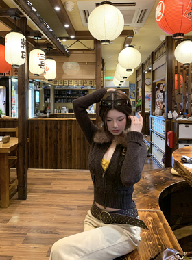 Thas9i九亿 深棕色修身短款毛领针织开衫外套女蕾丝坑条三角吊带