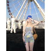 Thas9i九亿 女显瘦热裤 长腿DNA 复古水洗做旧背带可拆卸牛仔短裤