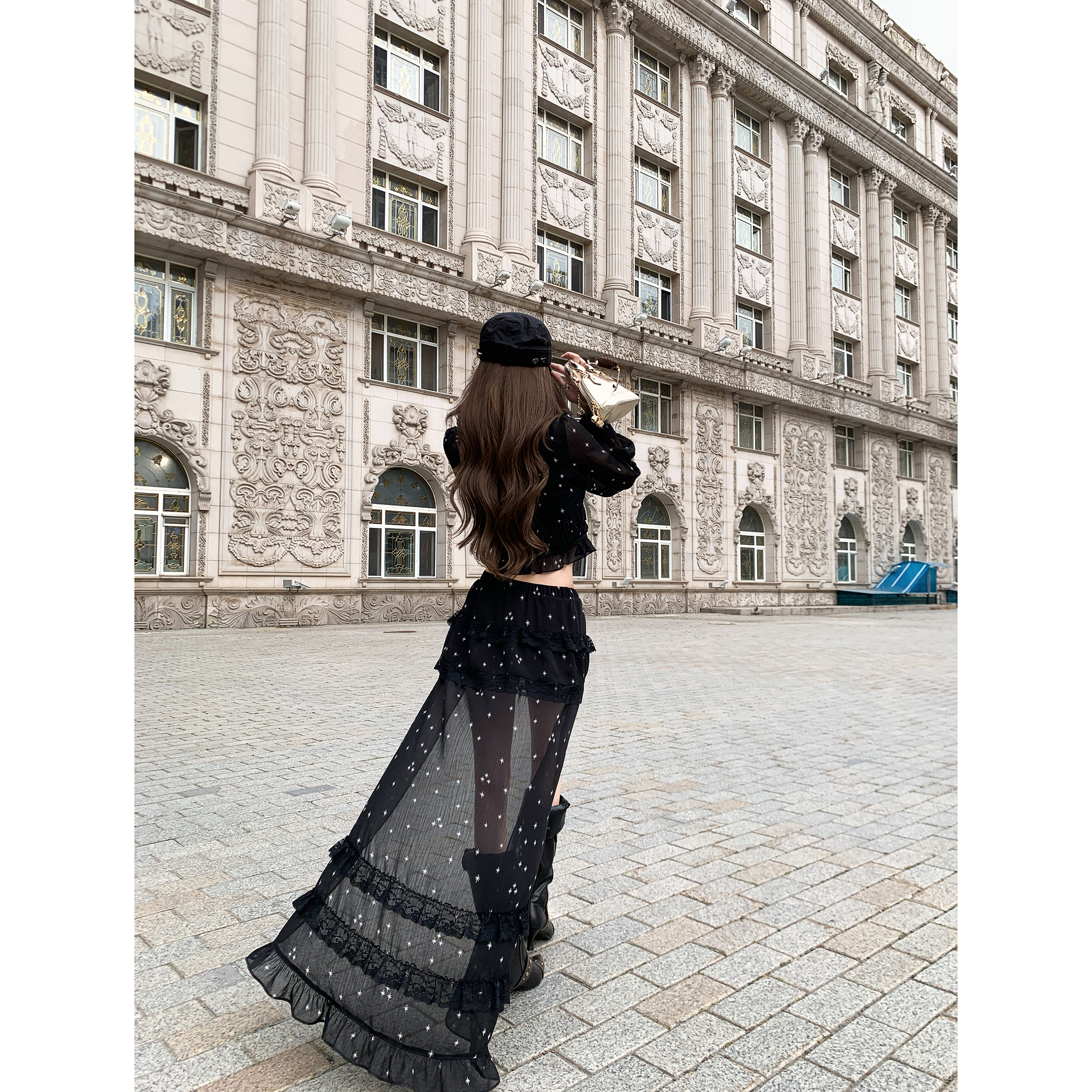 Thas9i九亿 rose秀场 微透四芒星雪纺皱衬衫&前短后长半身裙套装