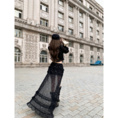 Thas9i九亿 &前短后长半身裙套装 rose秀场 微透四芒星雪纺皱衬衫