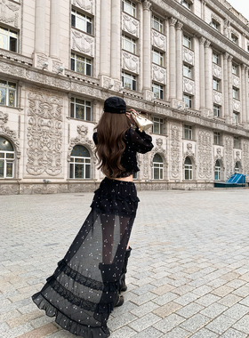 Thas9i九亿 rose秀场 微透四芒星雪纺皱衬衫&前短后长半身裙套装