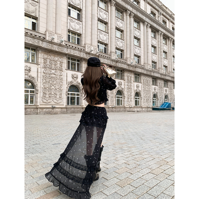 Thas9i九亿 rose秀场 微透四芒星雪纺皱衬衫&前短后长半身裙套装