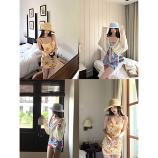 Thas9i九亿 海星印花撞色肩带网纱修身连衣裙女辣妹海边包臀短裙