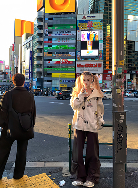 Thas9i九亿  复古高街 中腰降落伞阔腿工装裤冬双层加厚保暖长裤