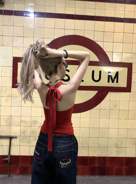 Thas9i九亿 ABG美感 蕾丝花边针织挂脖背心吊带弹力修身收腰上衣