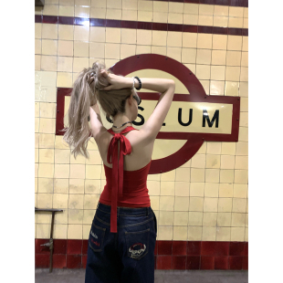 收腰上衣 蕾丝花边针织挂脖背心吊带弹力修身 Thas9i九亿 ABG美感