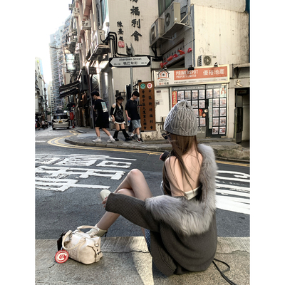 Thas9i九亿 玛芬雪国 可拆卸貉子毛领宽松慵懒堆堆袖抽绳针织开衫