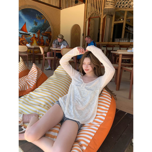 Thas9i九亿 蝴蝶结镂空微透宽松休闲针织罩衫女外穿薄款针织上衣