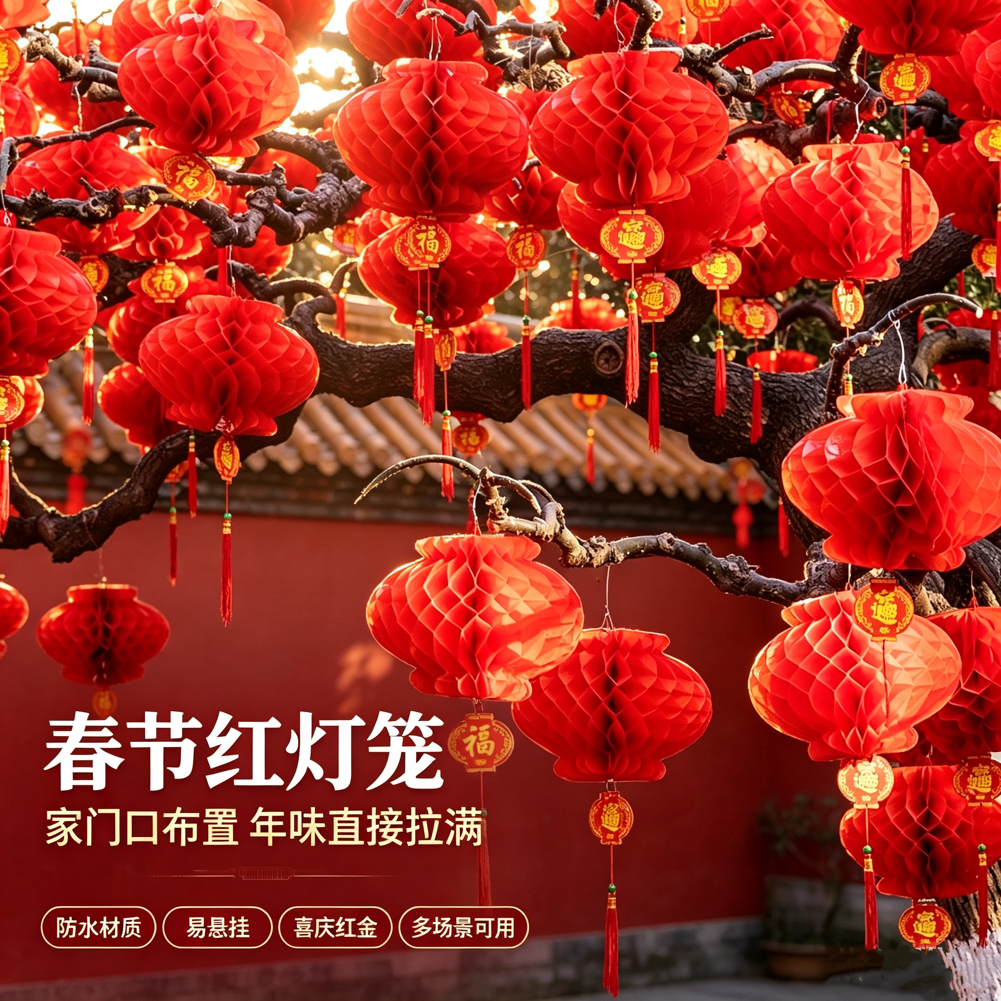 2027羊年春节户外大红纸蜂窝球灯