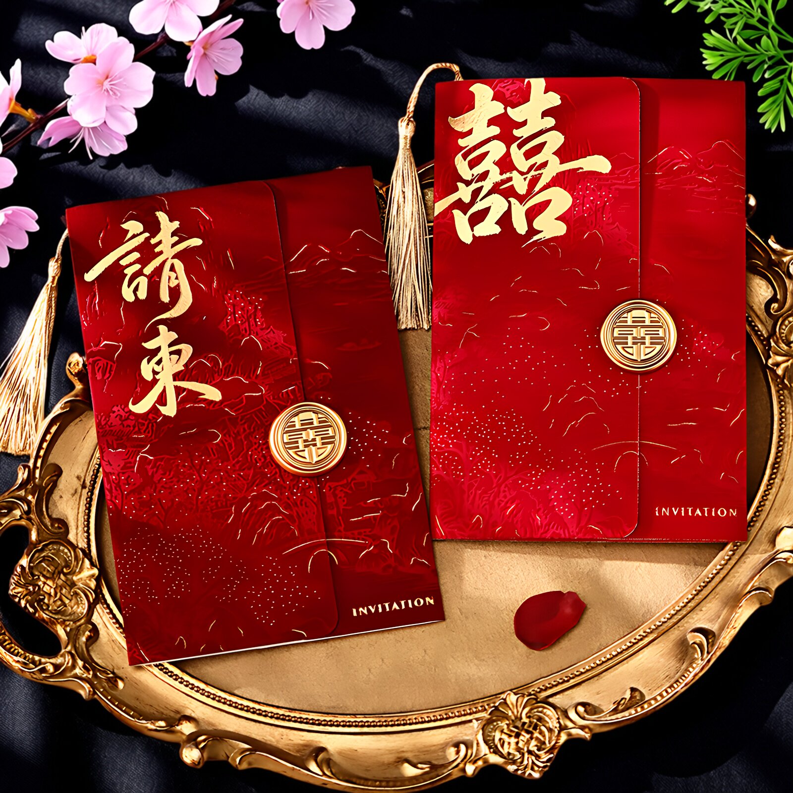 中式丝绒酒红流苏喜字请柬