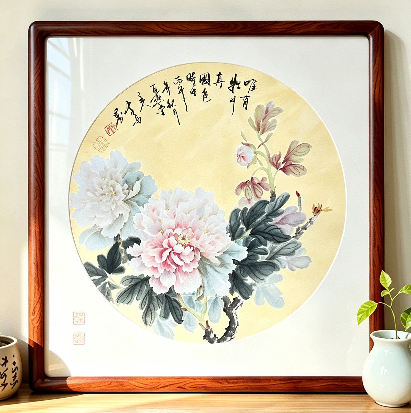 纯手绘水墨牡丹国画玄关客厅