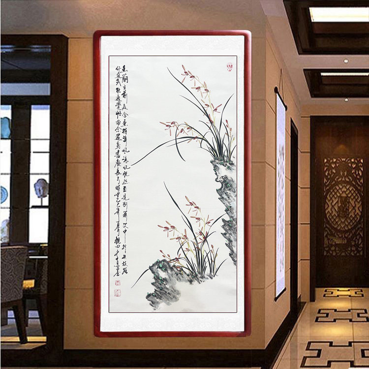 手绘国画兰花真迹玄关装饰画客厅卧室餐厅挂画水墨画实木框装裱