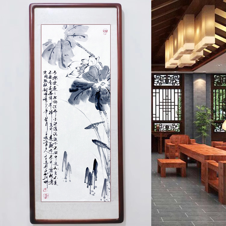 国画荷花手绘玄关客厅装饰画走廊挂画卧室餐厅壁画水墨书画卷轴画图片