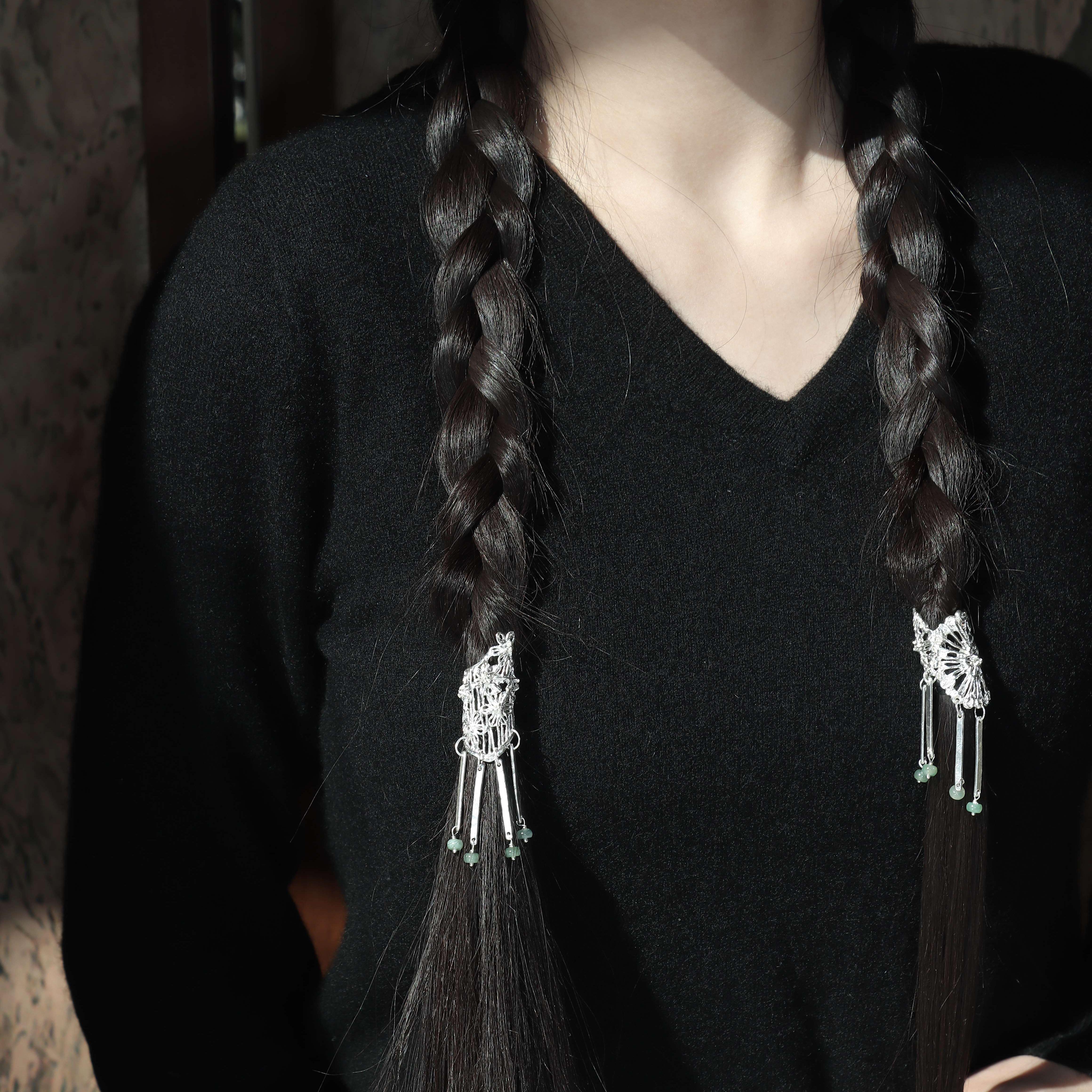 東黑三白/ 苗菇凉 s930纯银原创设计马尾发扣新中式发钩饰礼物