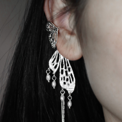 東黑三白/  重影银蝶 s930纯银原创设计流苏肌理无耳洞耳夹耳饰