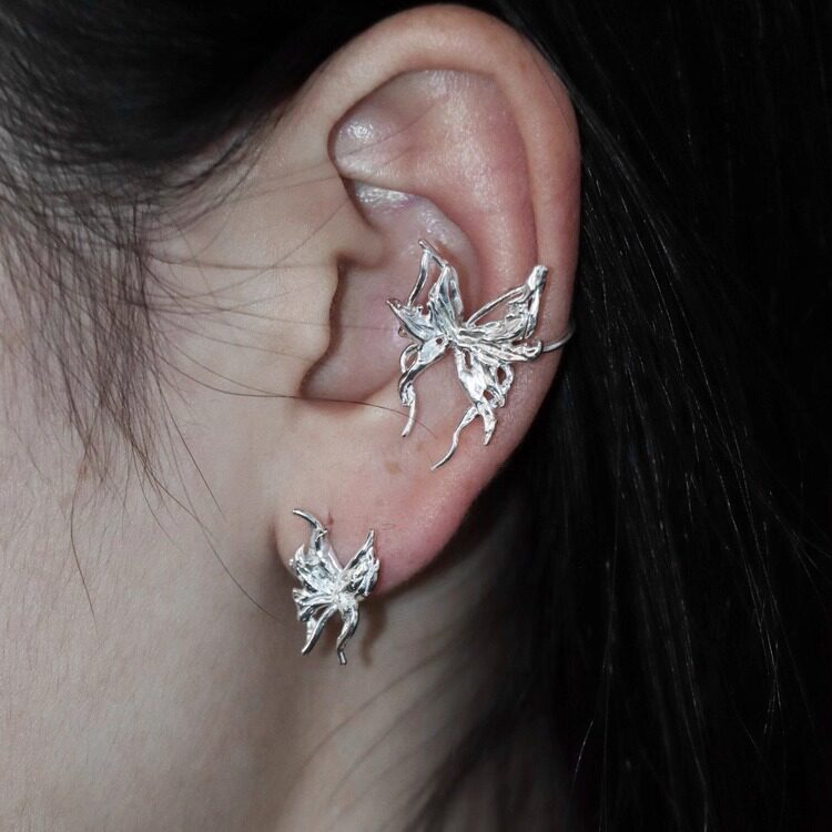 東黑三白/ 三只小蝴蝶  s930纯银原创设计百搭耳钉耳骨夹组合首饰