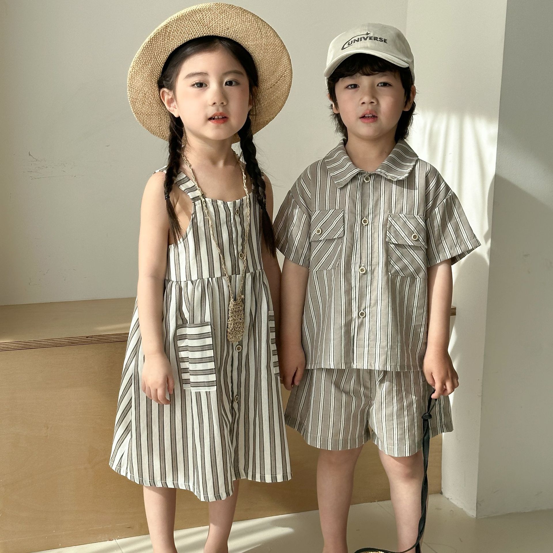 儿童夏季套装男童衬衫条纹2025新款宝宝洋气女童吊带连衣裙兄妹装