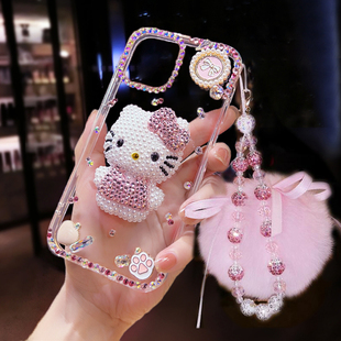 苹果18ProMax卡通Kitty猫手机壳可爱iPhone17镶钻保护套16个性15plus带钻石闪14女款13mini适用12全包防摔X绳