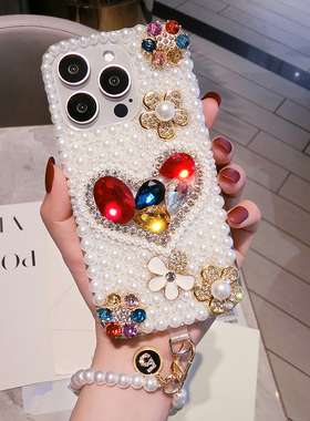三星S24珍珠水晶手机壳带钻note10+网红全包防摔女款S22ultra高档钻石A53保护套适用s9plus软硅胶s20fe手链s8