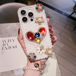 新款OPPOReno12珍珠水晶手机壳高级感reno10pro+带钻石11闪9se奢华女潮A98保护套findx7全包X6防摔5K链4满钻3