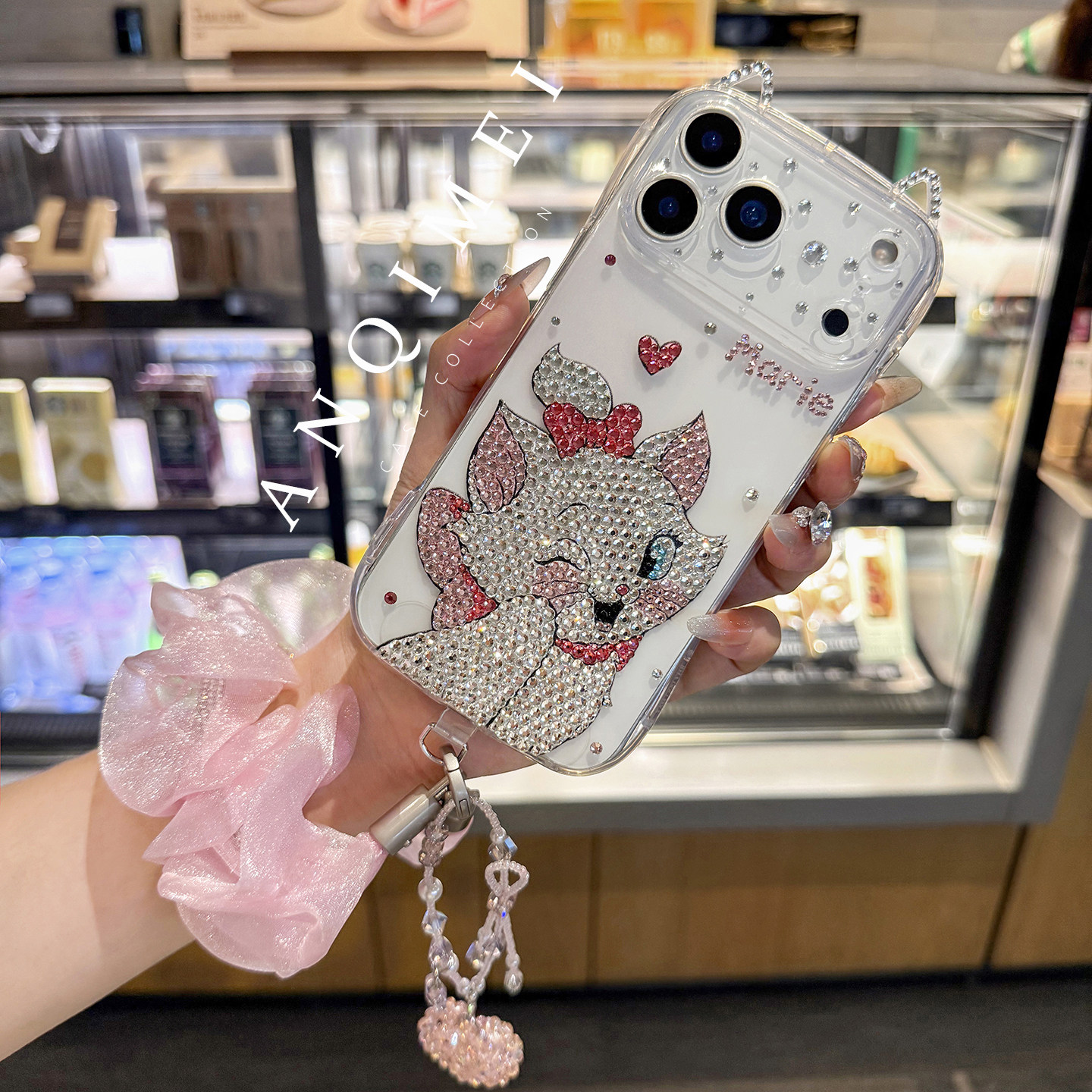 适用于iPhone18ProMax卡通水钻手机壳女款17可爱16plus玛丽猫15潮