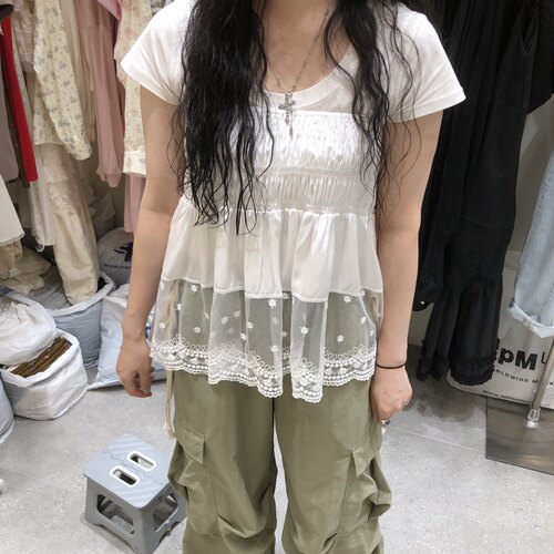 BYFLOW蕾丝拼接弹力褶皱吊带