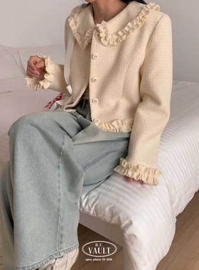 闪闪家 韩国东大门代购VAULT荷叶边娃娃翻领甜美系扣外套