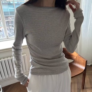 闪闪家 BOWIE舒适混棉细条纹休闲打底t 韩国东大门代购