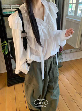 闪闪家 韩国东大门代购VAULT层叠荷叶边系带公主衬衫