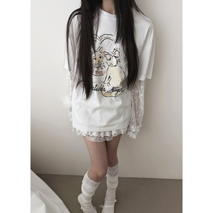 闪闪家 韩国东大门代购BY CHAPTER甜美猫咪印花拼接蕾丝袖t
