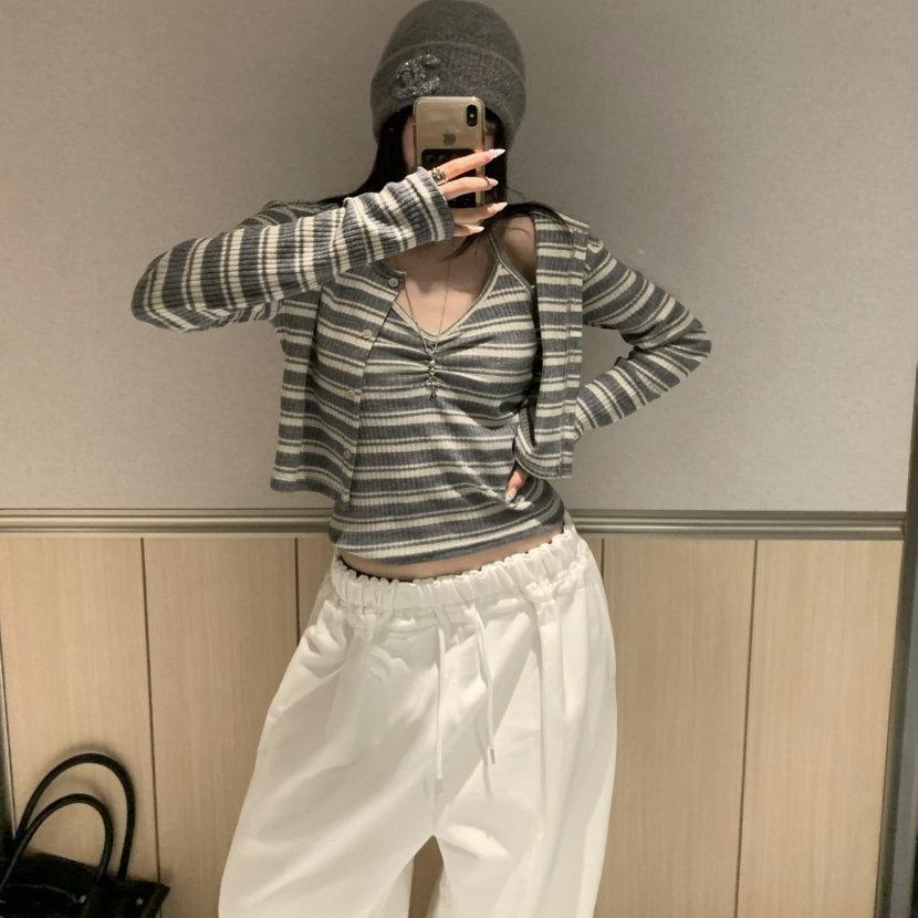 VIRKIN条纹拼接吊带开衫套装